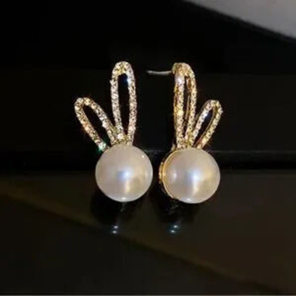 NEW Elegant Bunny Large Pearl Gold 18k Sterling Silver 925 Diamond Earrings - Picture 1 of 4